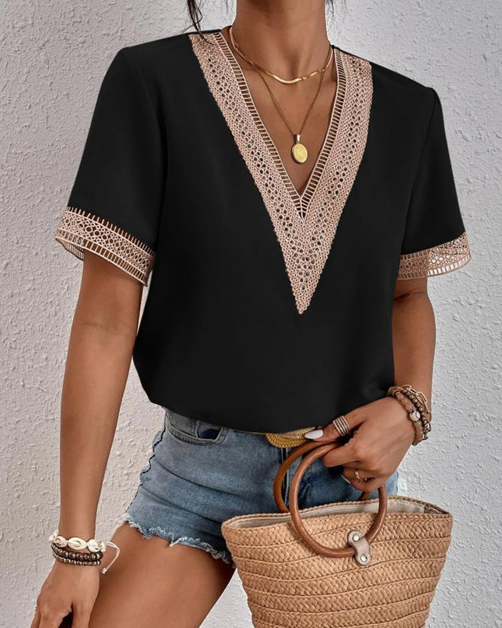 Dame elegant spids dekoreret V-hals bluse Stilla