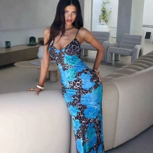 Dame Floral Print Maxi Kjole med Stropper bag Stilla