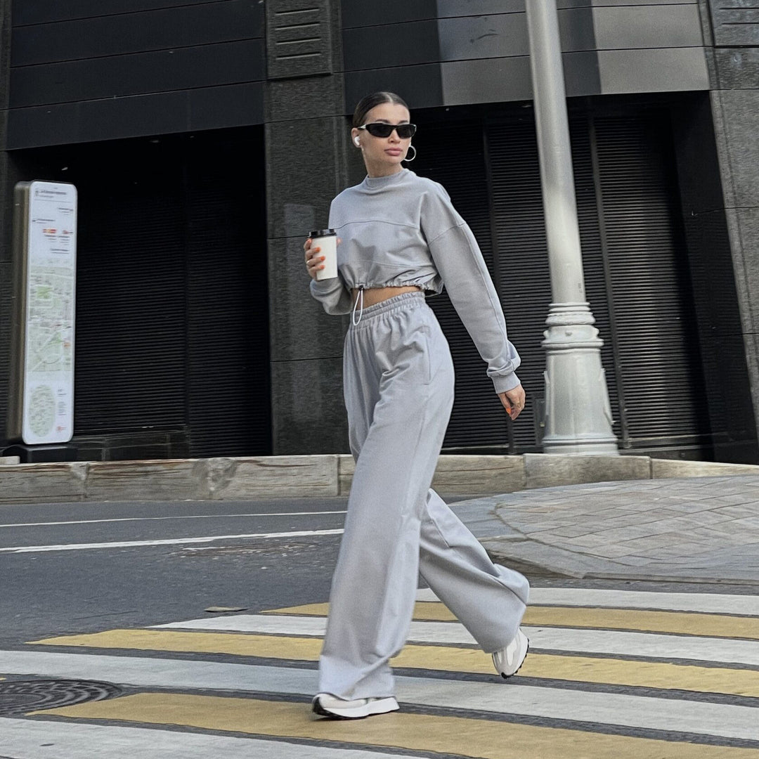 Kvindernes trendy cropped sweatshirts og brede bukser sæt Skovae