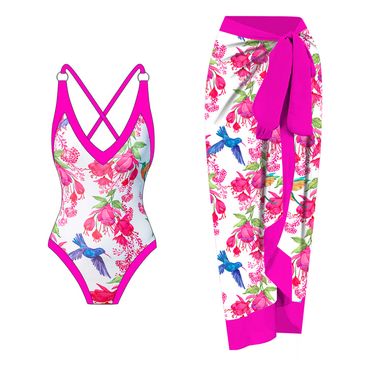 Dame onepiece badedragt med floral design og matchende indpakningsskørt Stilla