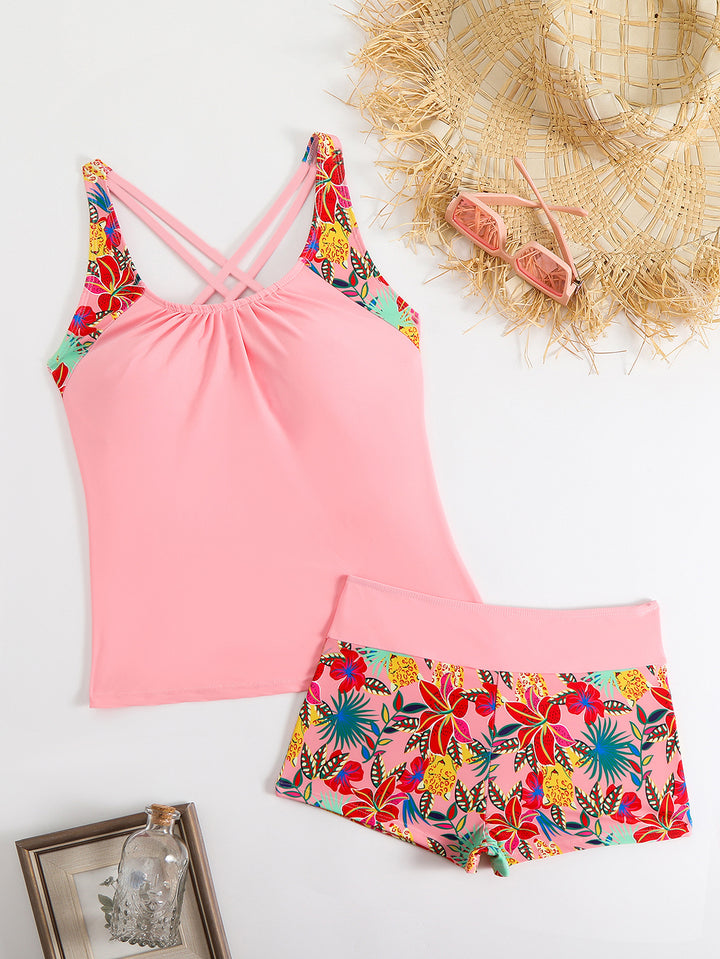 Dame Tankini-sæt med sporty snit og blomsterdesign Skovae