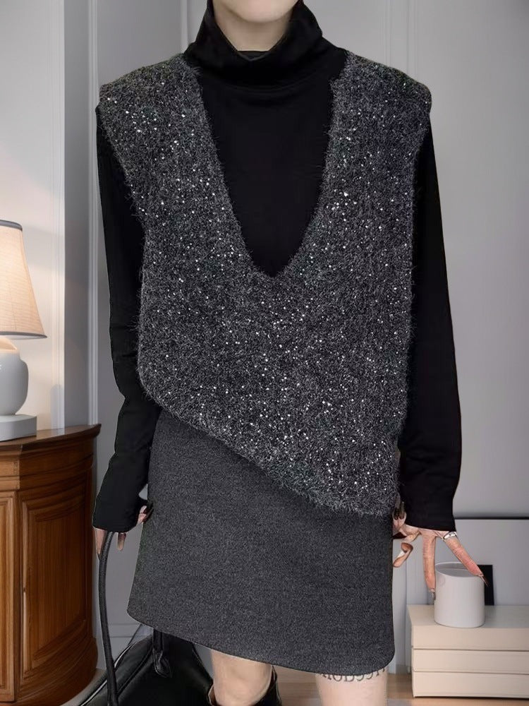 Dame fashionable strikket vest med dyb V-hals og kreativ skæring Stilla