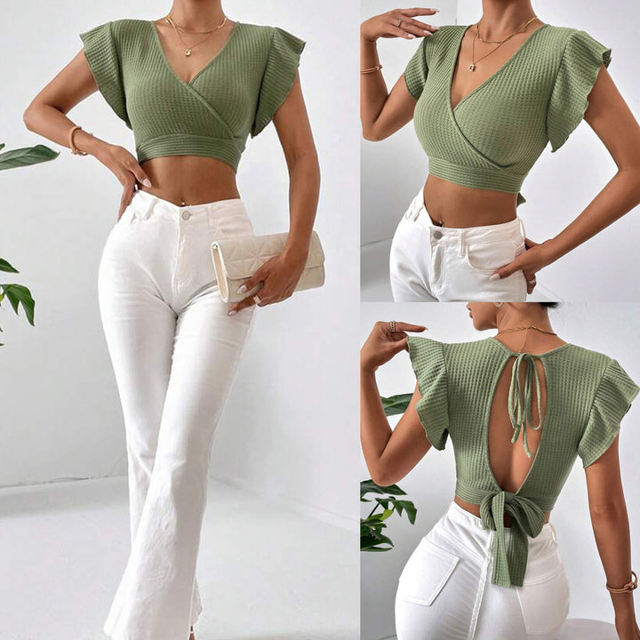 Dame Crop-top med indpakningsdesign og voluminøse ærmer Stilla