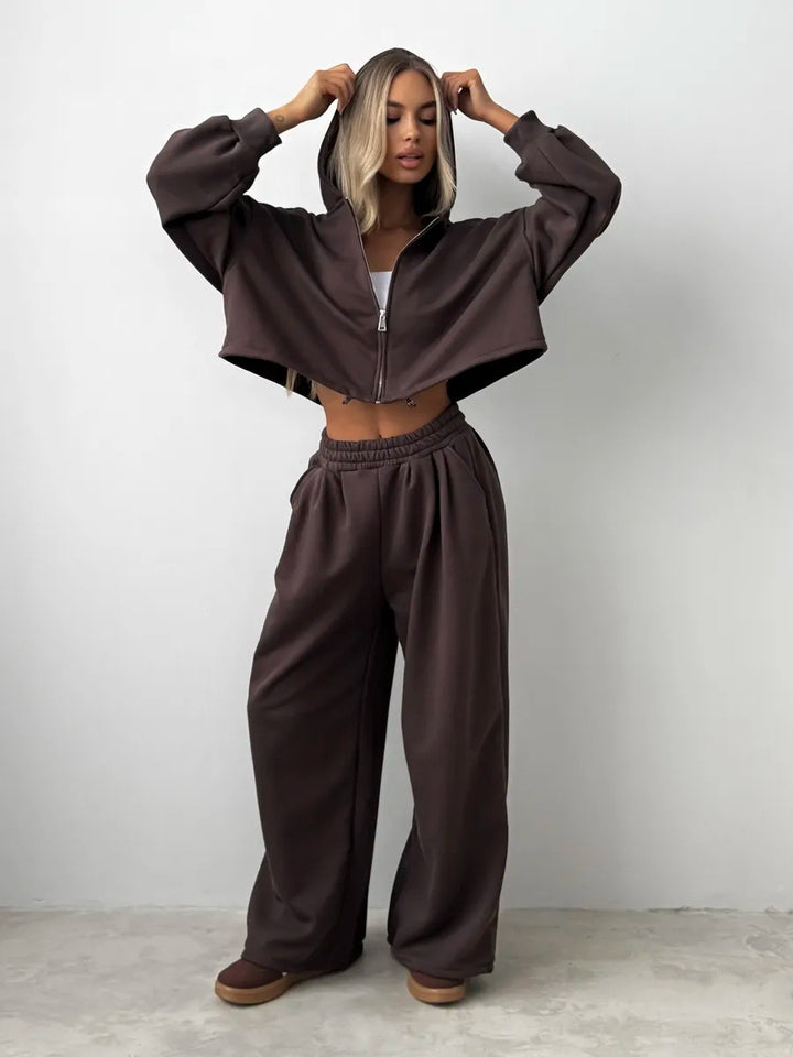 Kvinder cropped hoodie og brede joggerbukser sæt Skovae