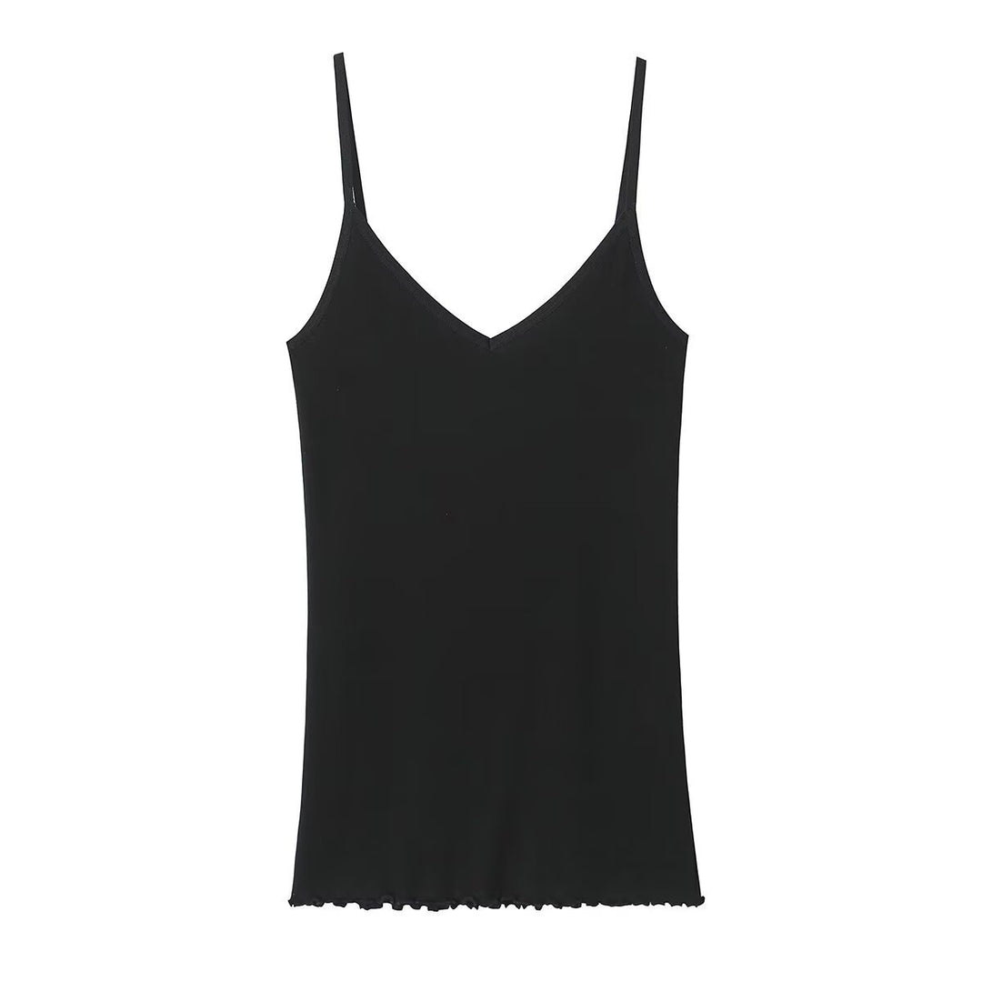 Dame Spaghetti-strop-bluse med elegant V-hals og blød tekstur Skovae