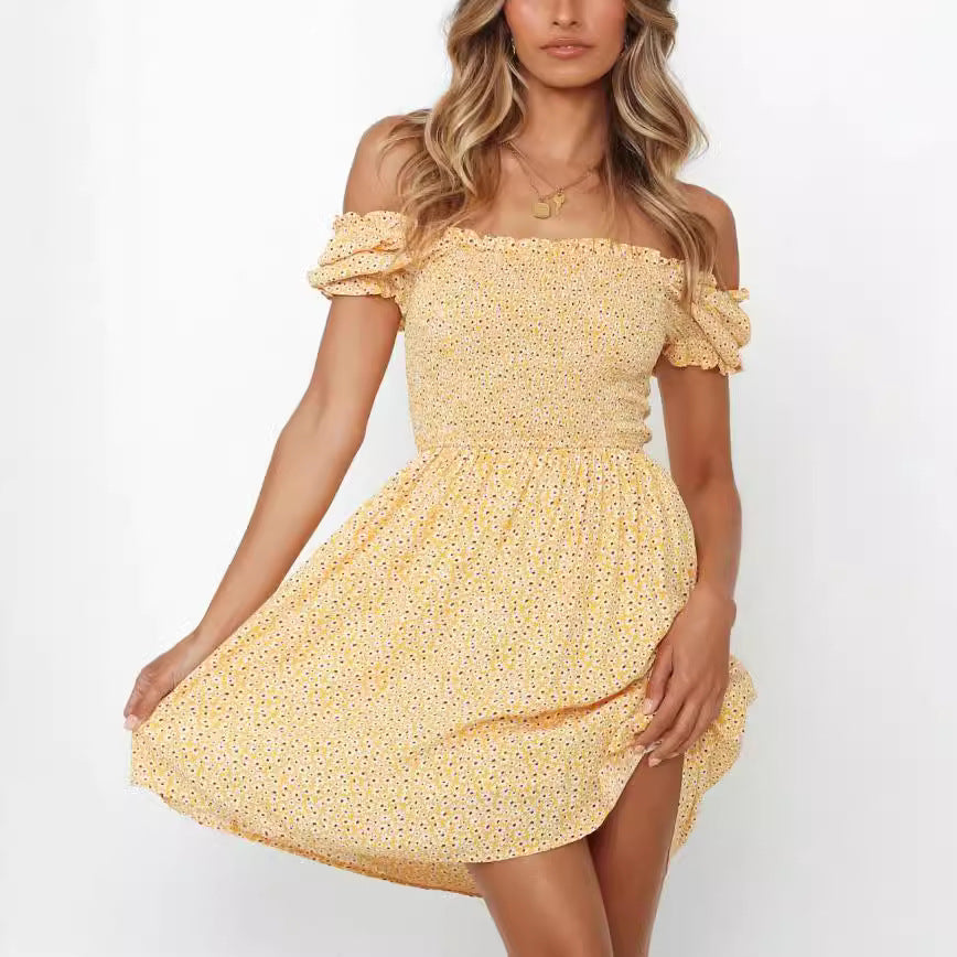Women's Off-Shoulder Summer Dress with Elastic Top and Playful Ruffle Details