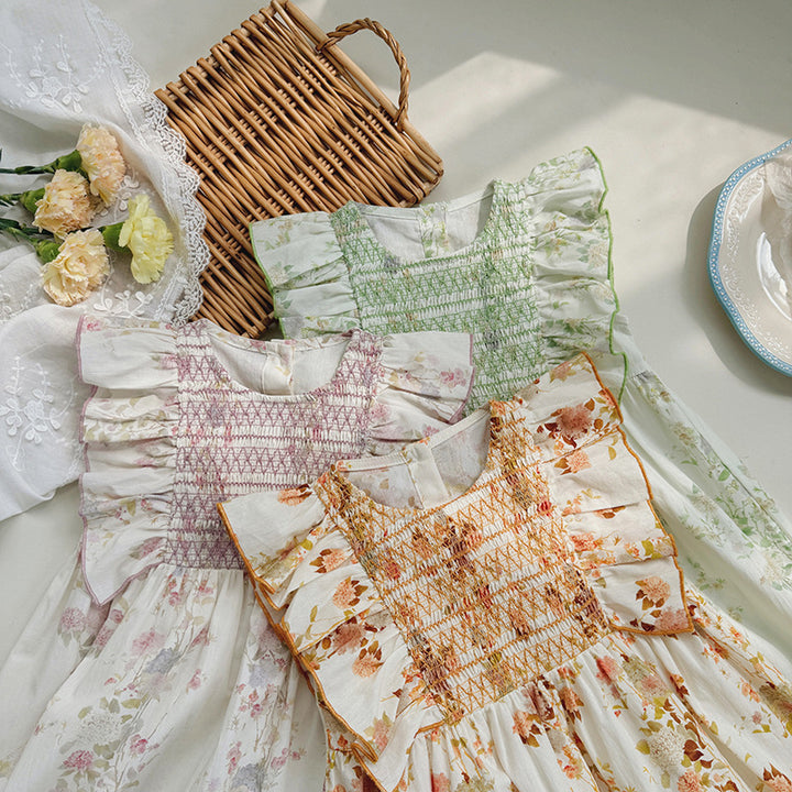 Pige Floral Smocked Kjole med Rufflesleeves Stilla