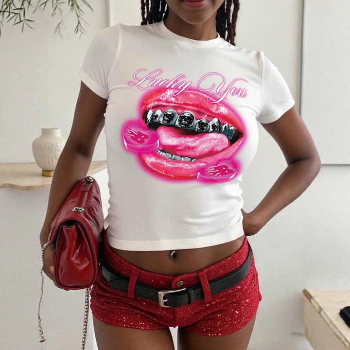 Dame T-shirt med kreativ læbemotiv og iøjnefaldende grafisktryk Skovae