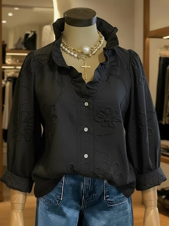 Dame elegant bluse med florale broderier og voluminøse ærmer Skovae