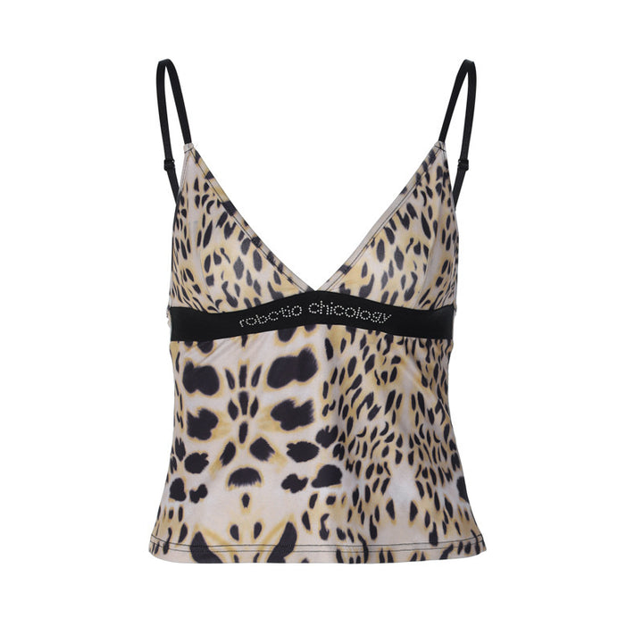 Dame Chic Crop-Top i leopardmønster med fine stropper og elastisk bånd Stilla