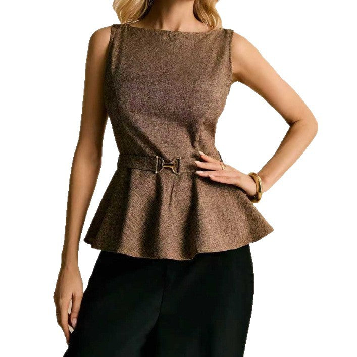 Dame Peplum Top med smalt bælte og klassisk snit Skovae