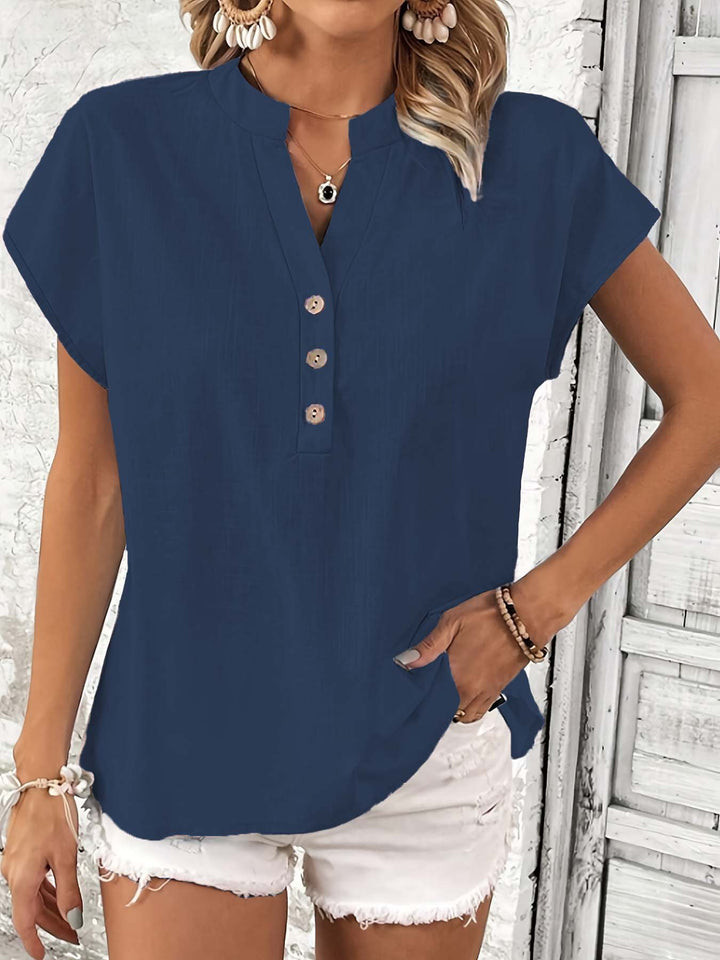 Dame kortærmet bluse med knapliste og elegant ståkrave Stilla