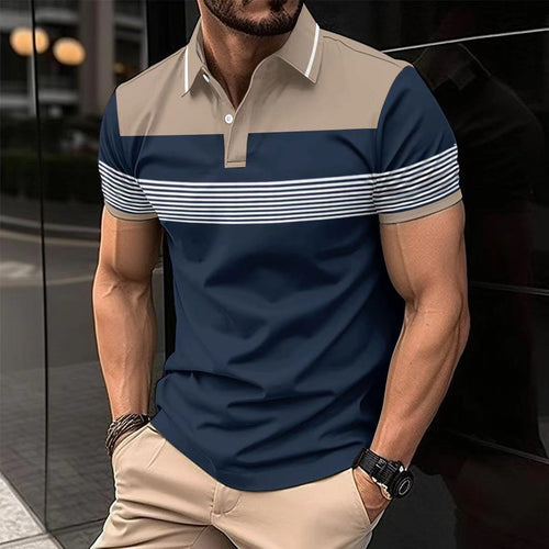 Herrer Korte Ærme Polo T-Shirt med stilfuldt Stribet Mønster og Elegante Detaljer Stilla