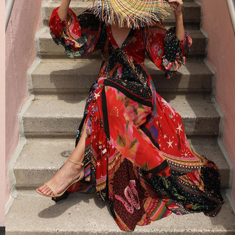 Dame Maxikjole med unik multicolor-design og voluminøse ærmer Stilla