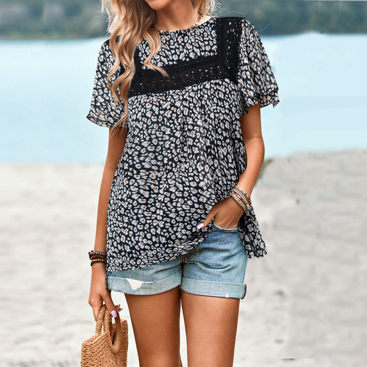 Dame blomsterprint-bluse med spidskant Skovae