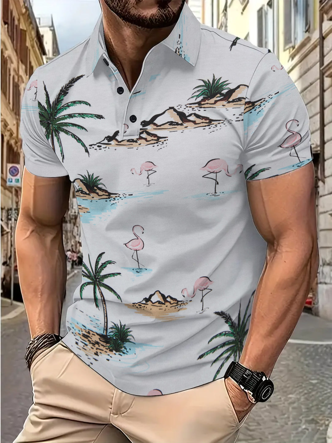 Herrer Poloshirt med kreativt tropisk motiv og åndbare egenskaber Stilla