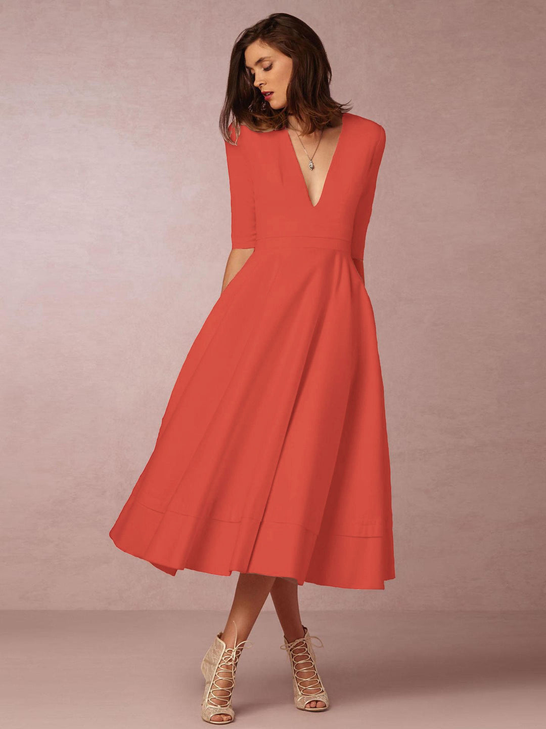 Dame Elegant V-Hals Midi Kjole Stilla