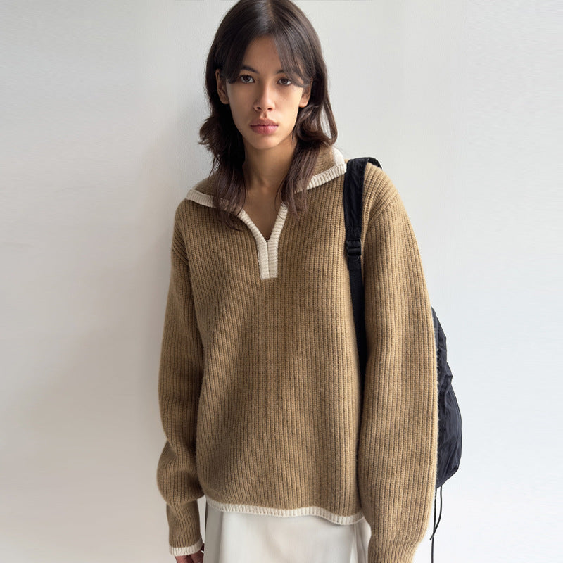 Dame afslappet strikpullover med moderne polo-krave og elastisk manchet Stilla
