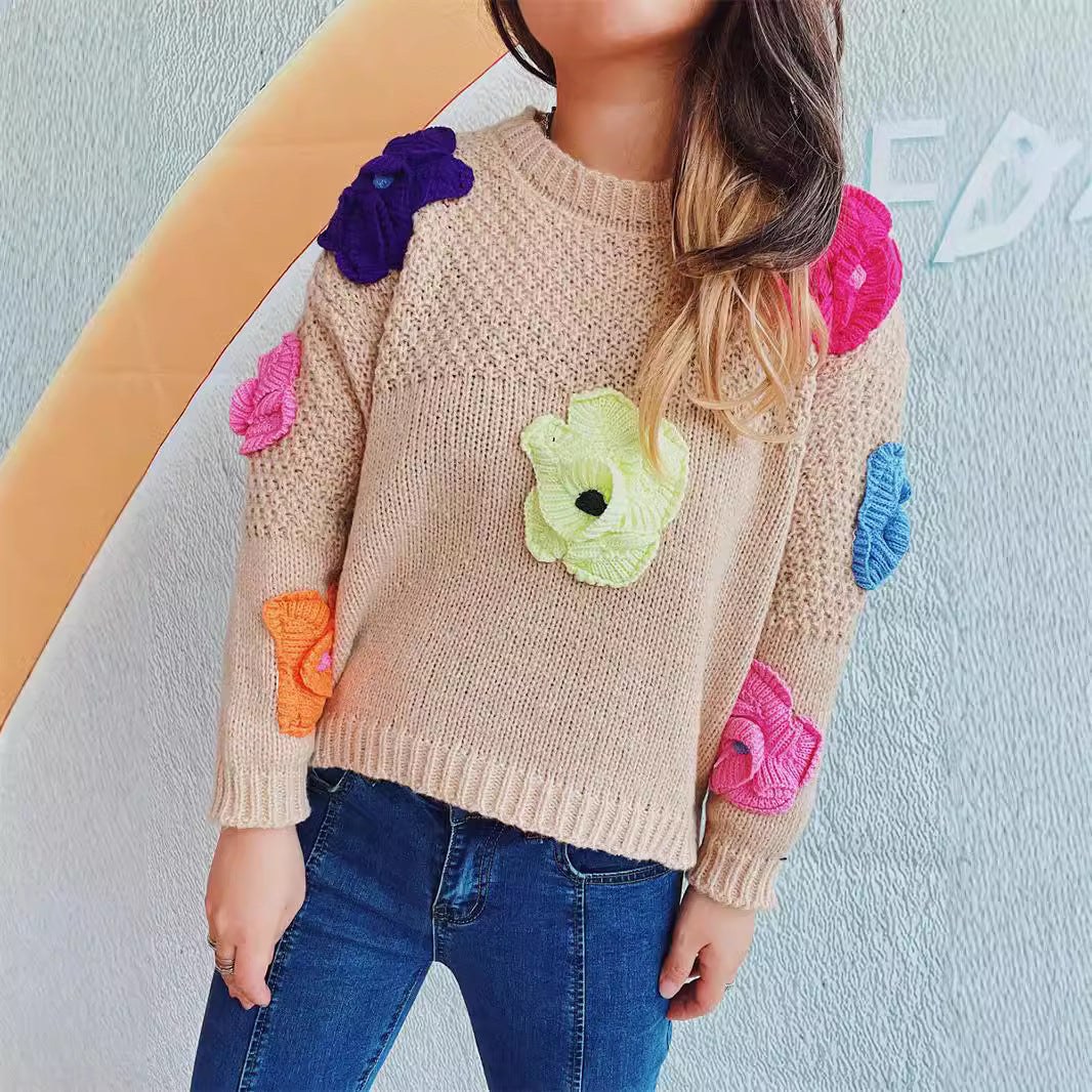 Kvinder afslappet sweater med farverige blomsterapplikationer Stilla