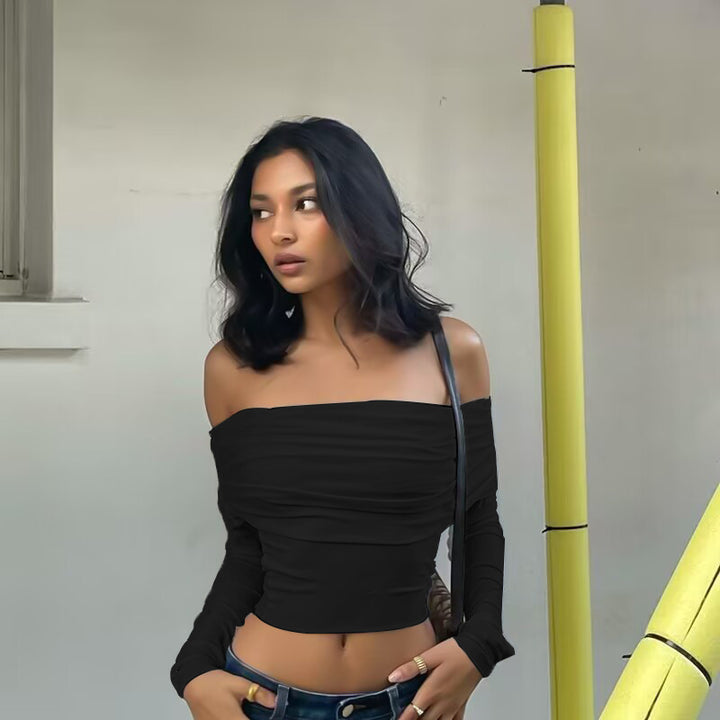 Dame Off-Shoulder Bluse med lange ærmer og elastisk kant Stilla