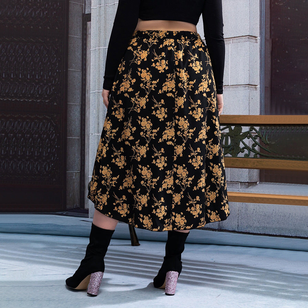 Dame blomsterformet midi-nederdel med elastisk taljebånd og elegant A-linje Stilla