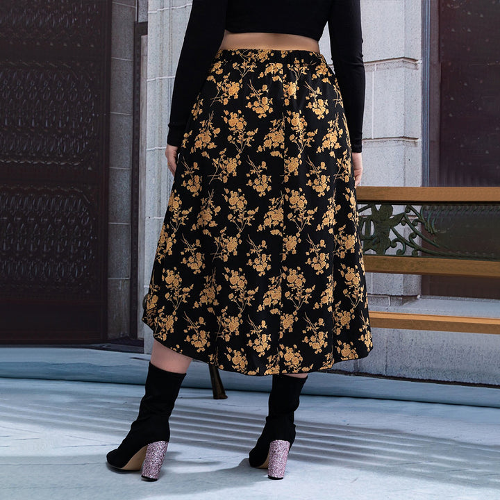 Dame blomsterformet midi-nederdel med elastisk taljebånd og elegant A-linje Stilla
