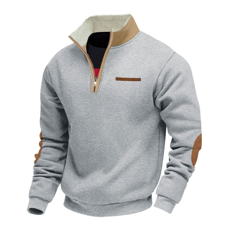 Herre nan halvzip-troyer med teddyfleece-krave og læder-albue-patches Skovae