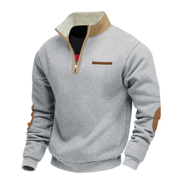 Herre nan halvzip-troyer med teddyfleece-krave og læder-albue-patches Skovae