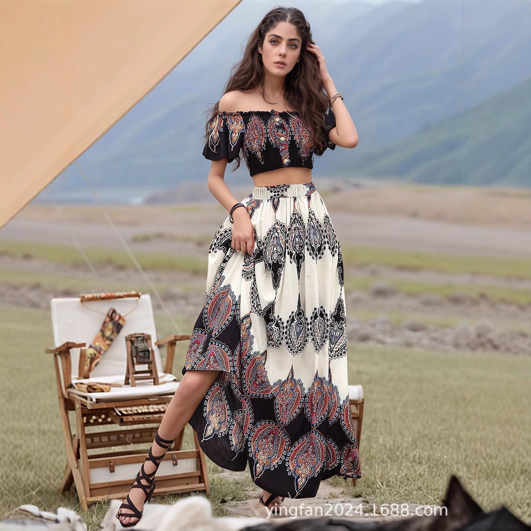 Dame Bohemian Off-Shoulder Crop Top og Maxi Skirt Sæt Stilla