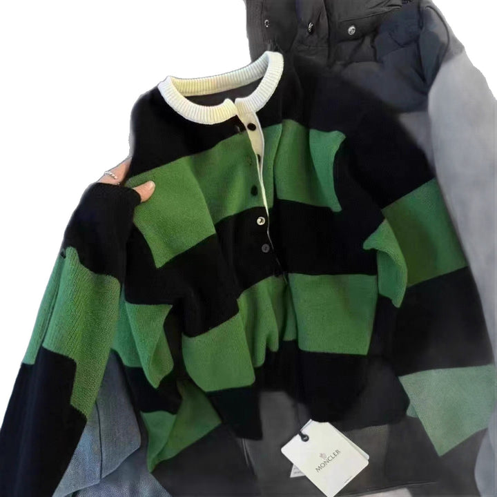 Dame sporty strikket sweater med knaplukning og grafisk mønster Stilla