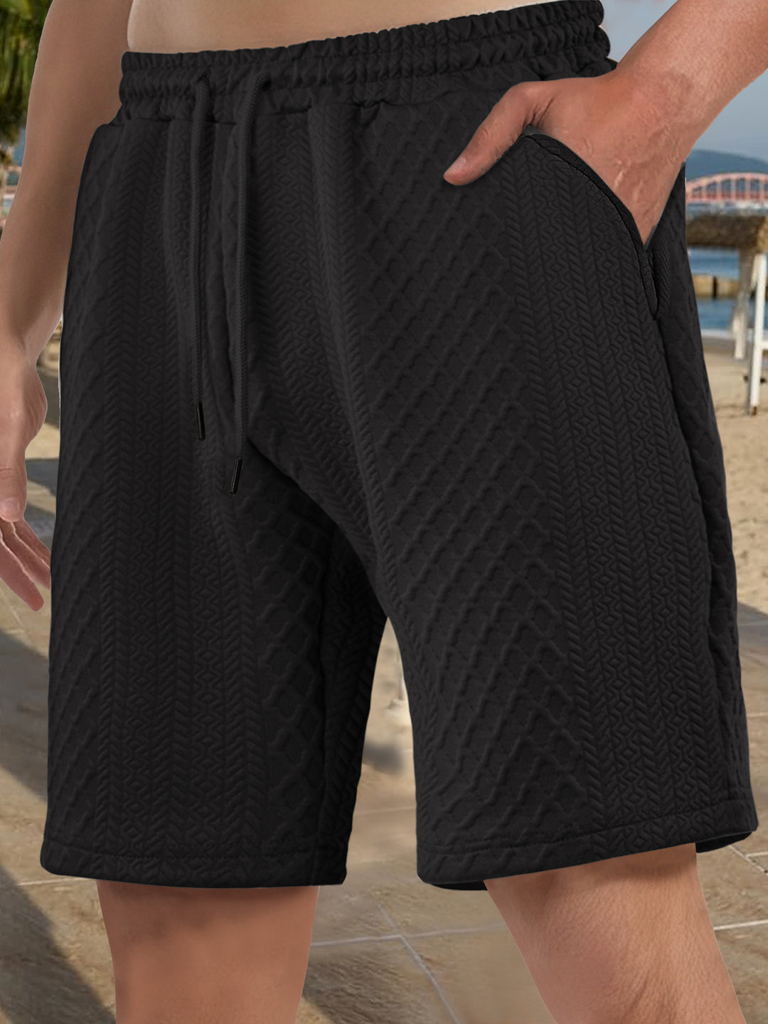 Herren nan struktureret strand-Bermuda lavet af waffeljersey med elastisk snoreliv og skrå sidelommer Skovae