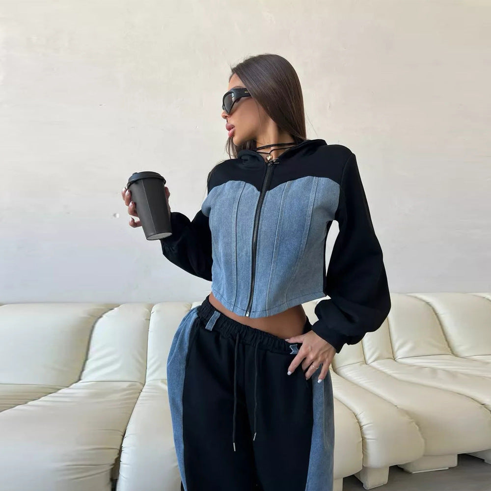 Kvindernes cropped sweatshirt jakke med ballon-formede ærmer og joggingbukser sæt Skovae