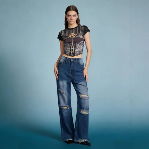 Dame brede jeans med stilfuld destroyed-detail og behagelig pasform Skovae