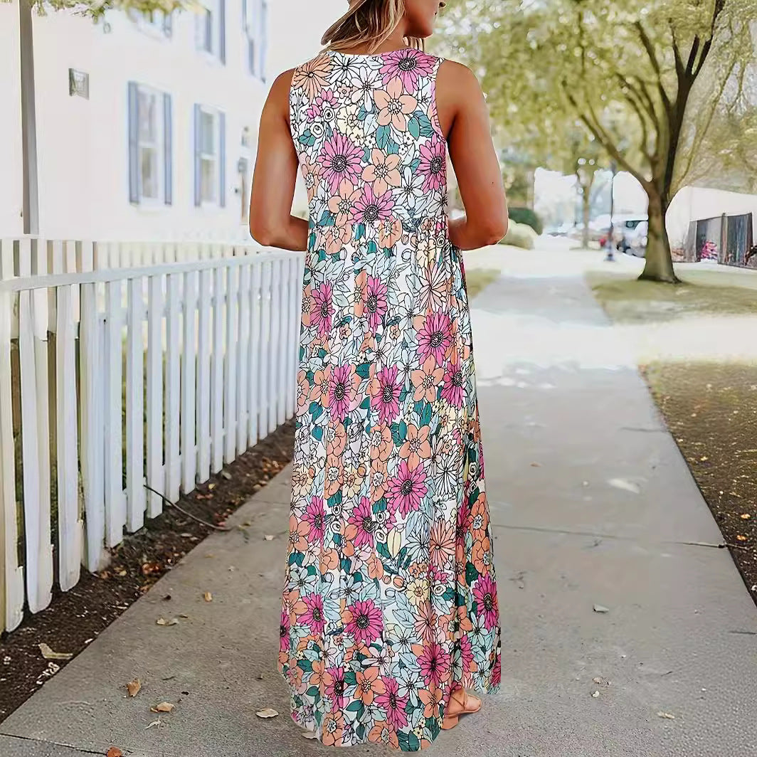 Dame Maxikjole med blomsterprint og sidelommer Stilla