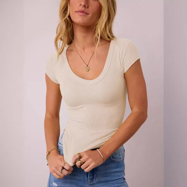 Dame figursyet V-hals T-shirt med korte ærmer Skovae