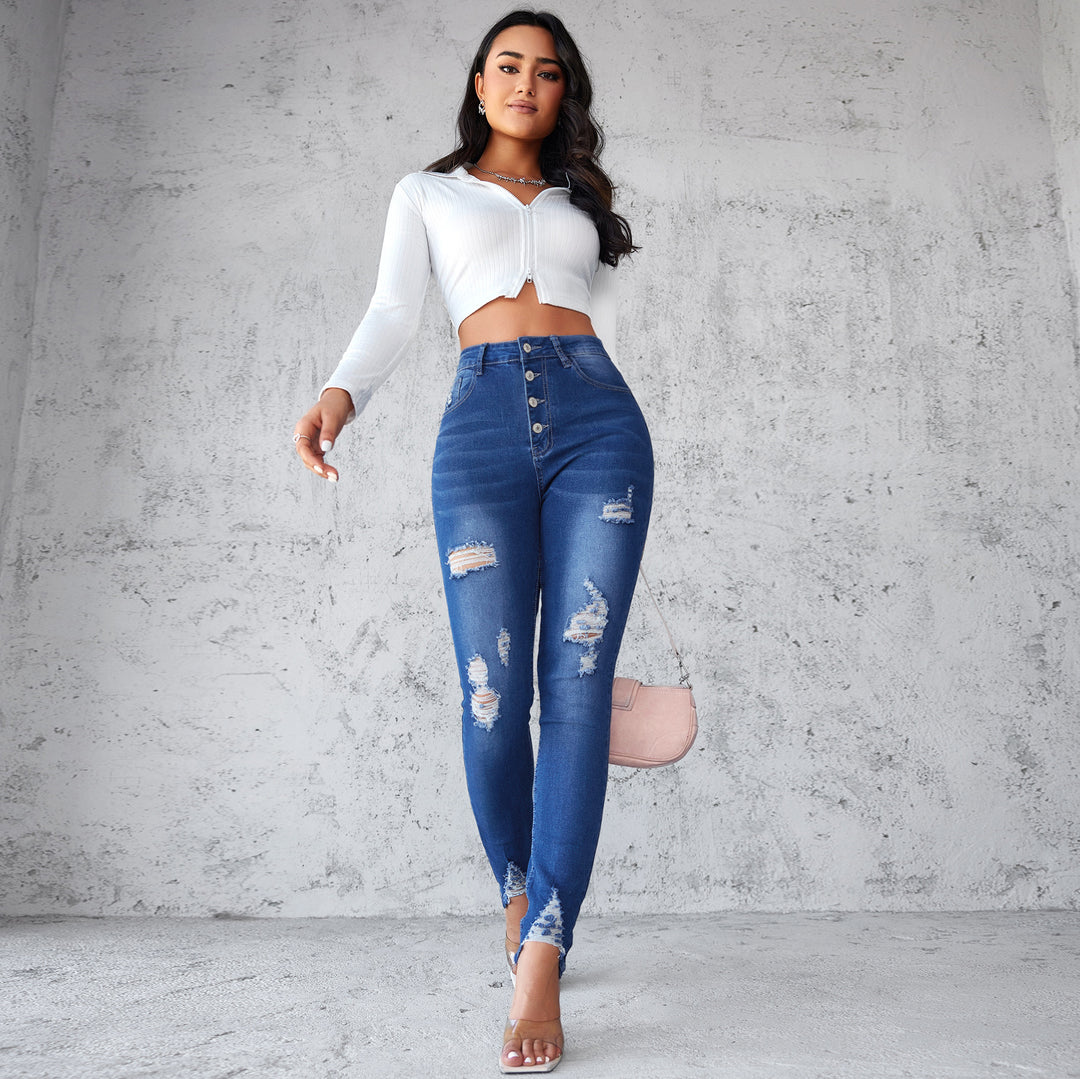Dame High-Waist Skinny Jeans med Destroyed-detaljer og frynset kant Stilla