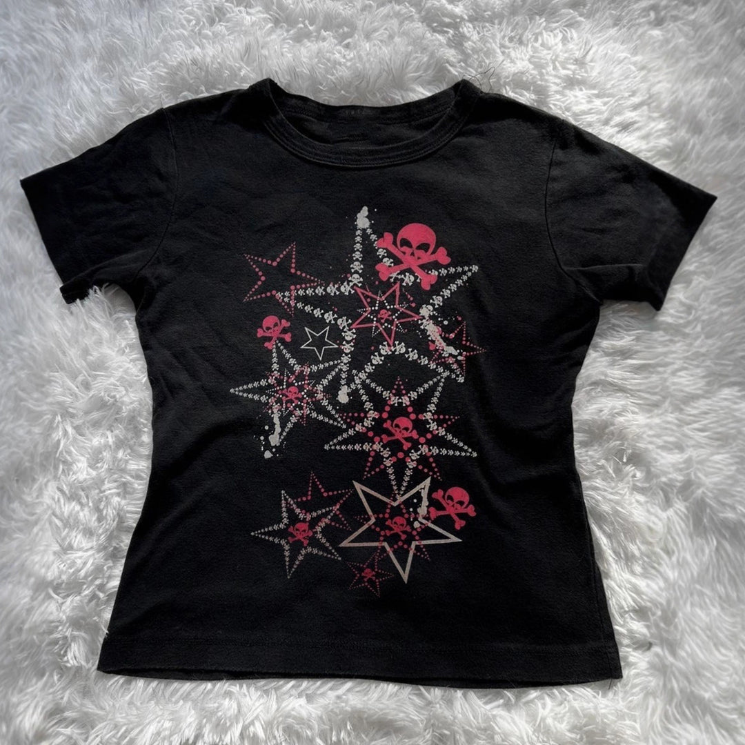 Dame T-shirt med kreativt skull-design og iøjnefaldende stjerne-print Skovae