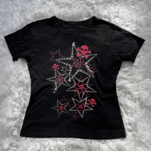 Dame T-shirt med kreativt skull-design og iøjnefaldende stjerne-print Skovae