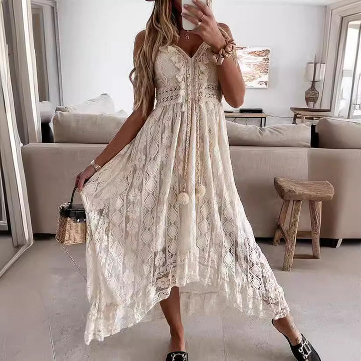 Dame Boho-maxikjole med spidsdetaljer og dekorative kvaster Skovae