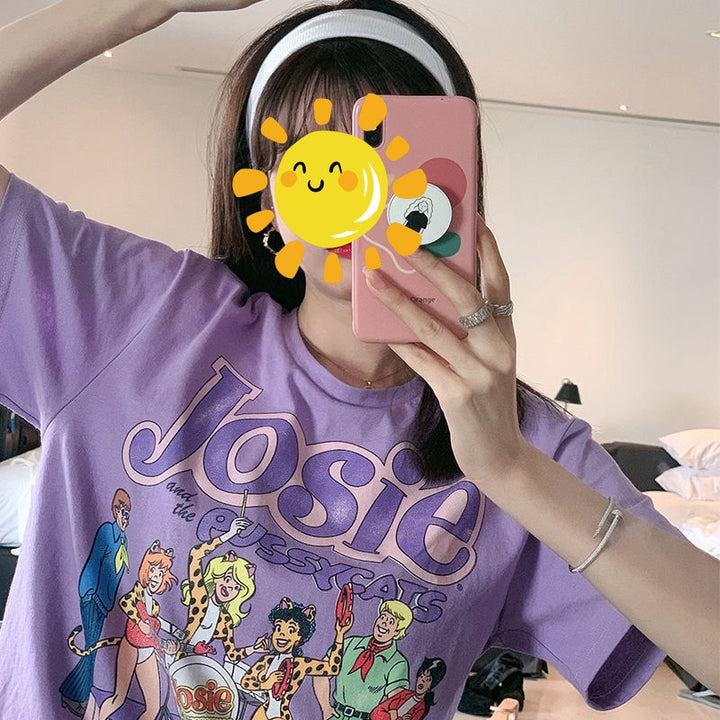 Dame grafisk T-shirt med vintage rød print og løs pasform