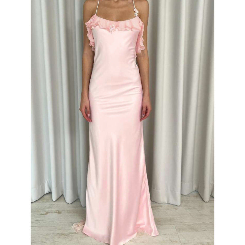 Damen Maxi-Kleid mit eleganten Rüschendetails und tiefem Rückenausschnitt Skovae