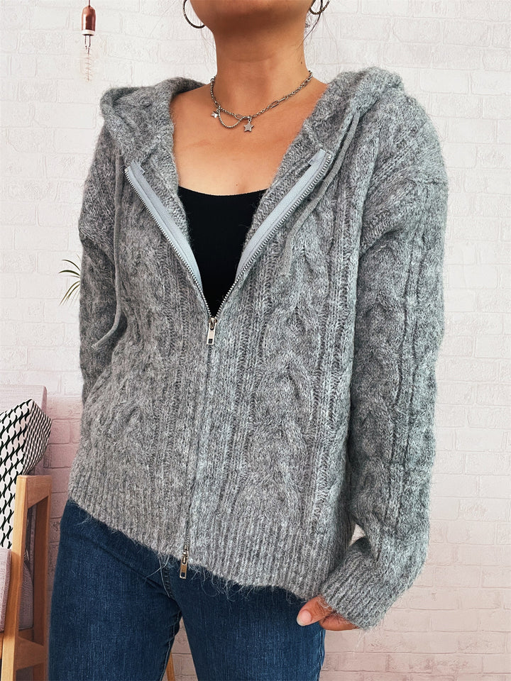 Kvindernes stripe chunky strik zip hættejakke med hætte og blødt materiale Stilla