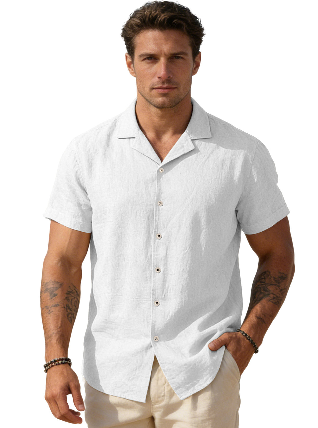 Herrer nan luftig hør-Camphemd med åben reverskrave kortærmet og afslappet sommerfit Skovae