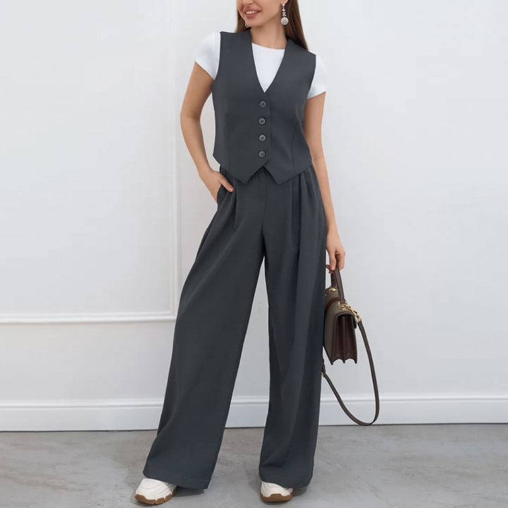 Dame elegant todelt jakkesæt med ærmeløs blazer og bredt skårede bukser Stilla
