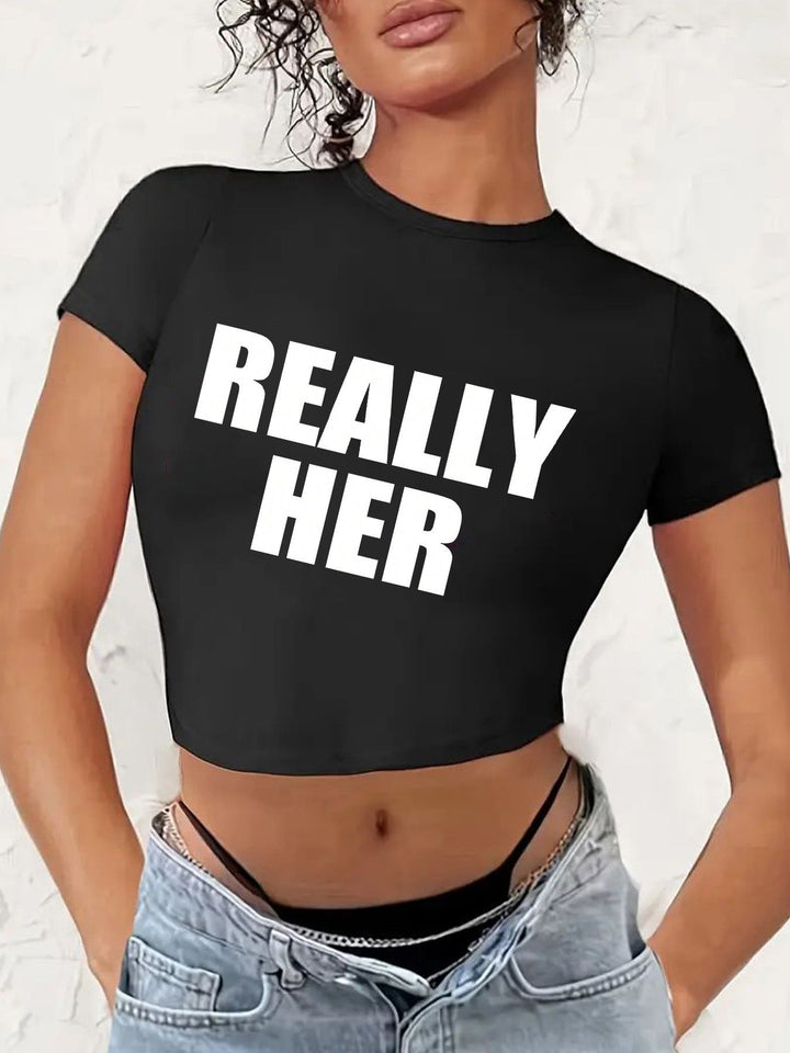 Dame Crop-T-Shirt med iøjnefaldende statement-print Skovae 1777452337