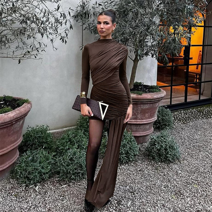 Dame elegant wrap kjole med asymmetrisk nederdel og lange ærmer Skovae