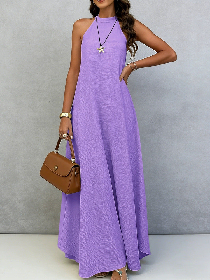 Dame uden ærmeløs maxikjole med høj ståkrave, flydende A-linje og kreppstruktur Skovae