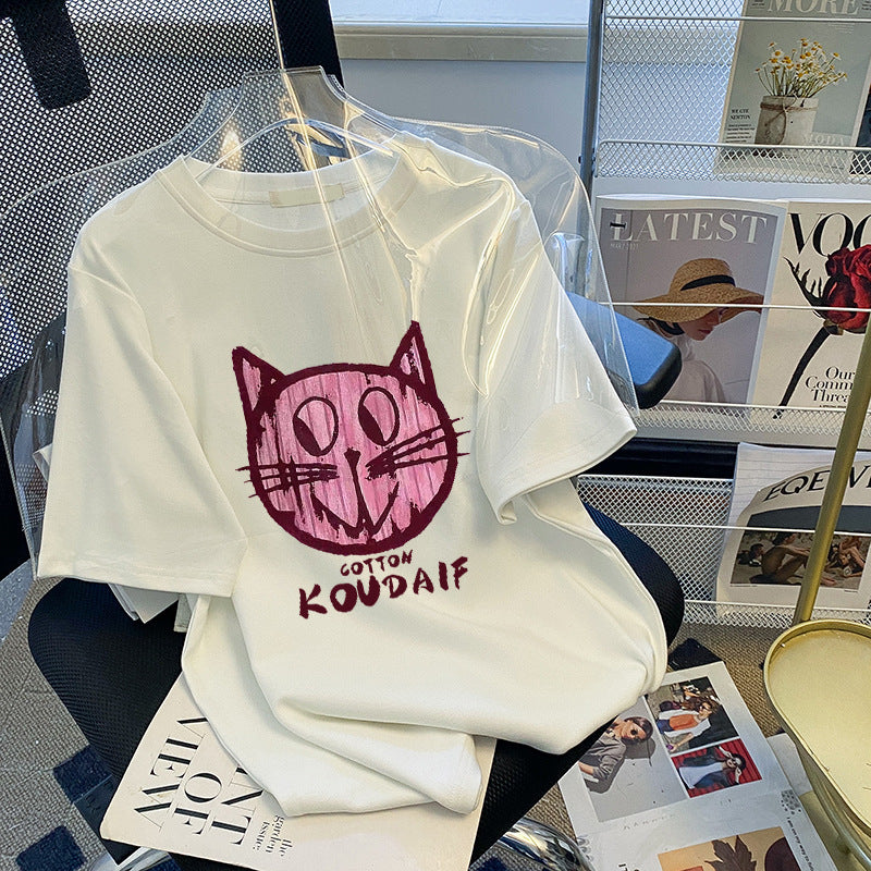 Dame T-shirt med kreativt kattemotiv og afslappet pasform Stilla