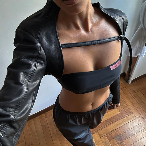 Dame cropped longsleeve top med innovativ læderlook og raffinerede ærmer Stilla