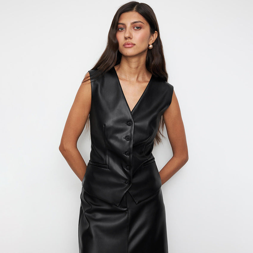Dame elegant kunstlæderkjole med aftagelig blazer Stilla